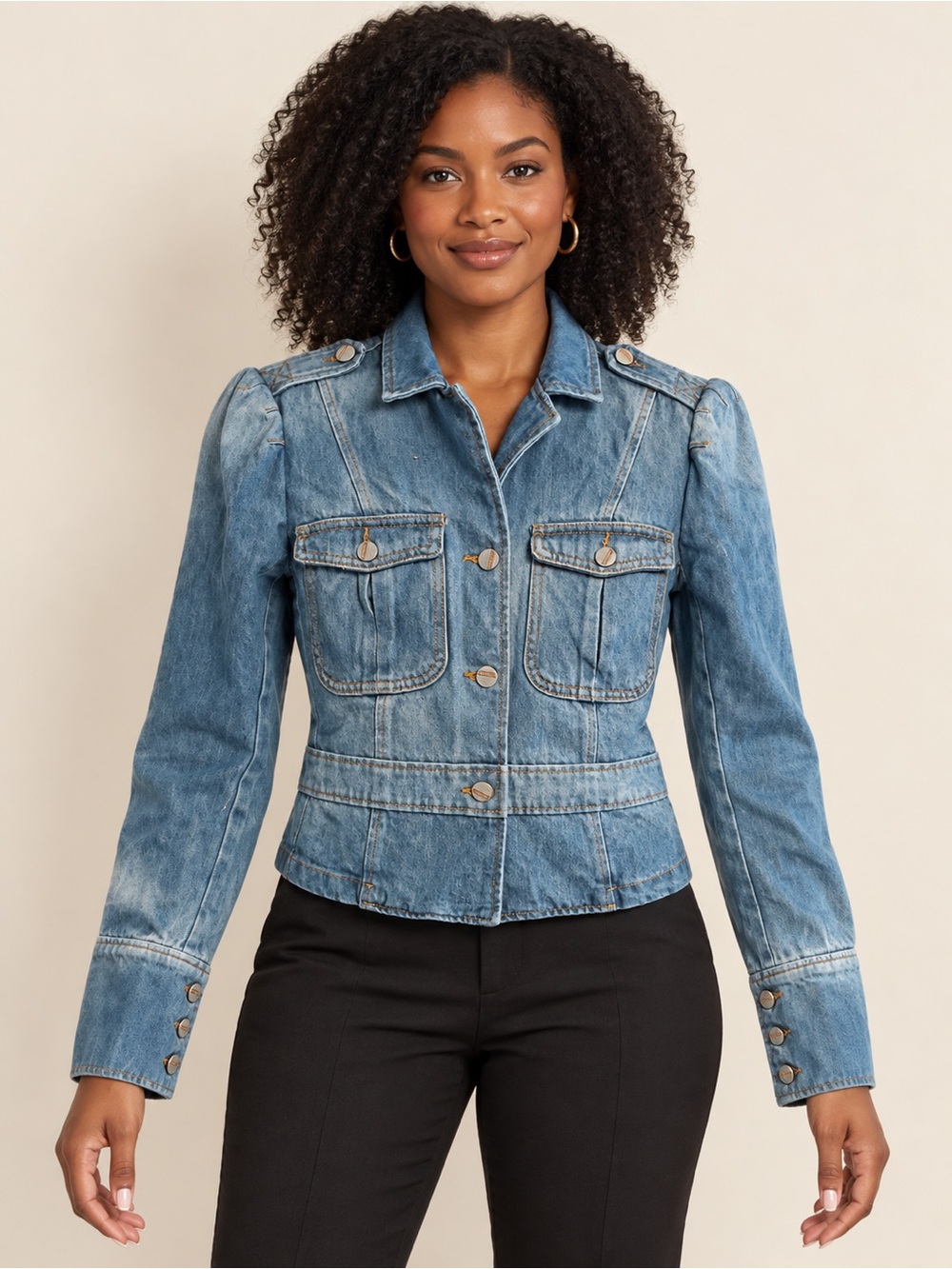 Vintage Y2K Bebe Jean Denim Military Jacket Puff Shoulder Made in the USA Small